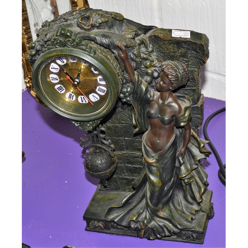 358 - Bronze effect clock mounted with a female figure