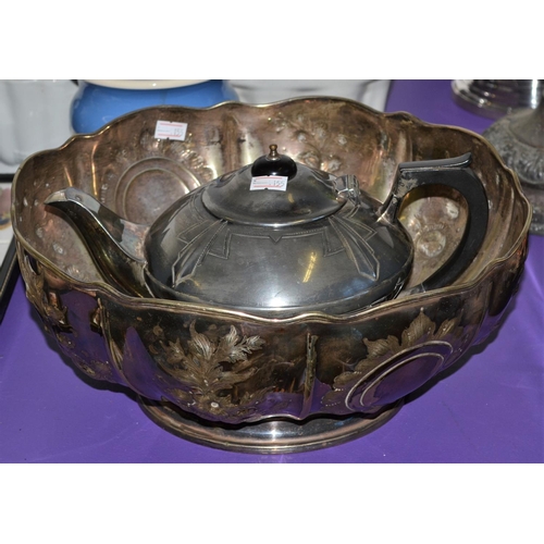 382 - Silver plated fruit bowl and an Art Deco teapot