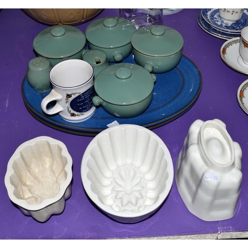 442 - 3 antique ceramic jelly molds and a quantity of Denby china