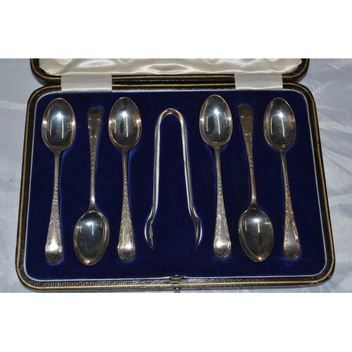 706 - Set of 6 silver tea spoons and tongs in case - Sheffield 1921 by Cooper brothers