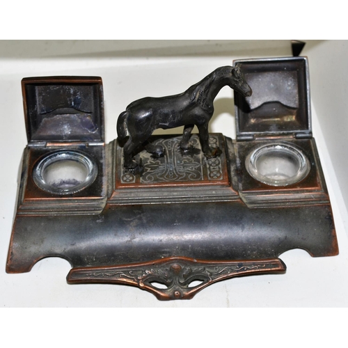 710 - Bronzed desk stand mounted with a horse