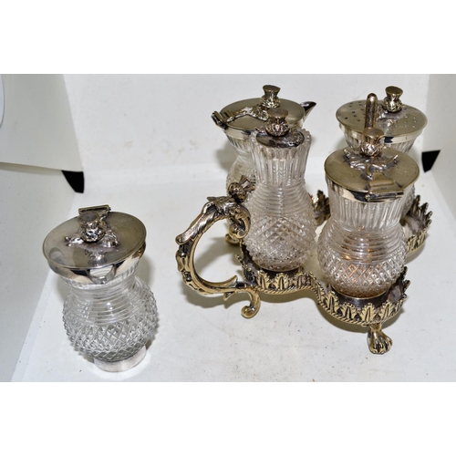 719 - An antique silver plate and cut glass cruet set formed as Scottish thistles - marked S Smith