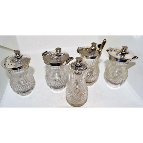 719 - An antique silver plate and cut glass cruet set formed as Scottish thistles - marked S Smith