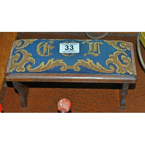 33 - An unusual Antique miniature prayer stool with tapestry top