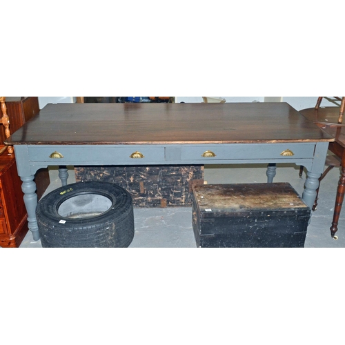 42 - A large darkwood topped table with painted base and drawers with brass cup handles.