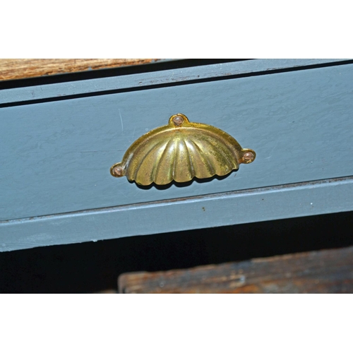 42 - A large darkwood topped table with painted base and drawers with brass cup handles.