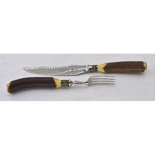 717 - Vintage horn handled steak knife and fork set by Rodgers.