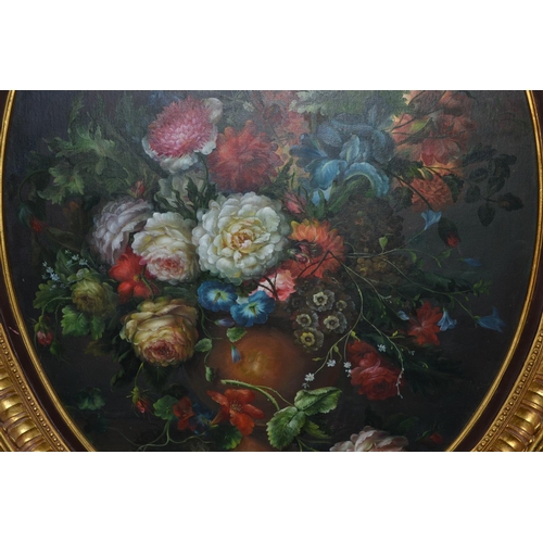 221 - An enormous gilt framed oil on board of a still life in a highly decorative oval gilt frame