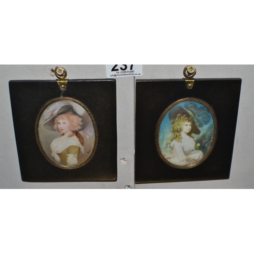 237 - A pair of vintage miniature paintings of ladies on Ivory/ Ivorine in black frames - one signed Rosie