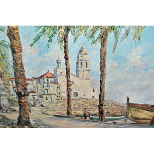 252 - J Enstone (20th Century) - An oil on board of Sitges in Spain signed lower right and dated 1961