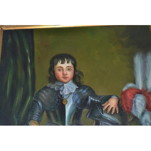 262 - A large gilt framed oil on board of a child in 17th century armour - signed lower right M.Ferraria