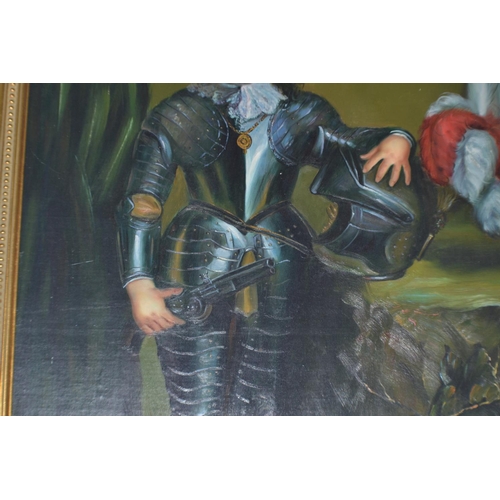 262 - A large gilt framed oil on board of a child in 17th century armour - signed lower right M.Ferraria