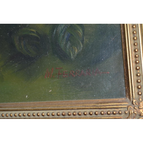 262 - A large gilt framed oil on board of a child in 17th century armour - signed lower right M.Ferraria