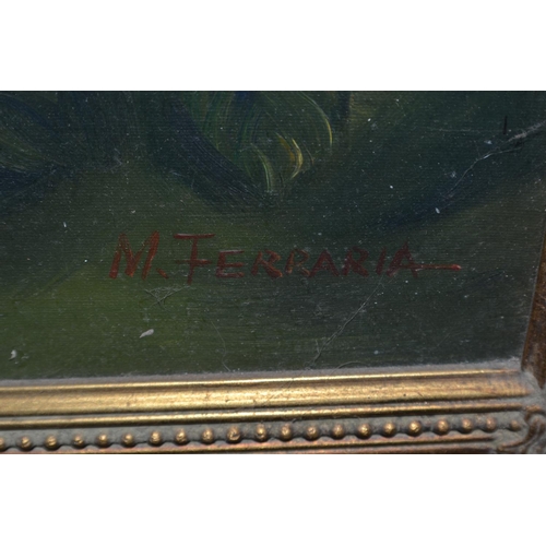 262 - A large gilt framed oil on board of a child in 17th century armour - signed lower right M.Ferraria