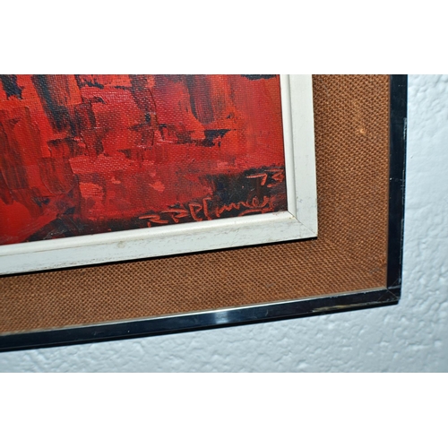 276 - A large abstract oil on board depicting a blood red London skyline - signed and dated RP Plummer? 19... 