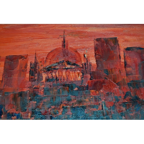 276 - A large abstract oil on board depicting a blood red London skyline - signed and dated RP Plummer? 19... 