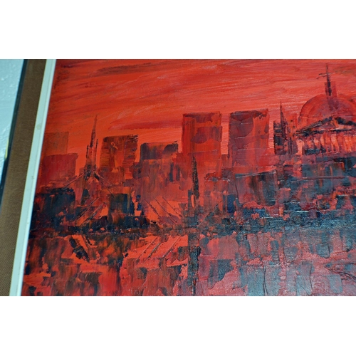 276 - A large abstract oil on board depicting a blood red London skyline - signed and dated RP Plummer? 19... 