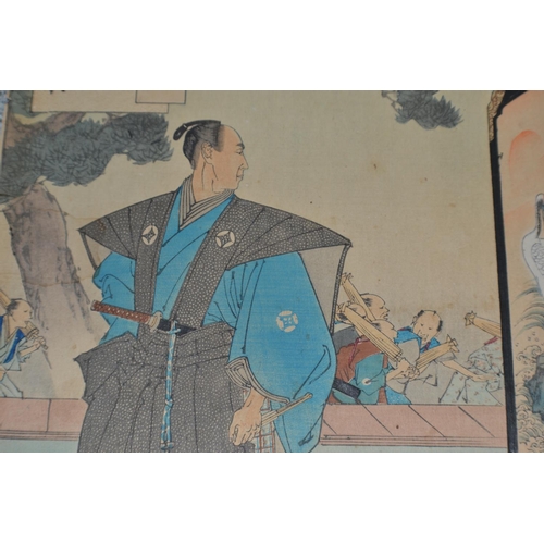 281 - An antique Japanese woodblock print of a Samurai warrior getting dressed - signed