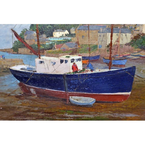 282 - A vintage Oil on canvas of a harbour scene - possibly Cornish. Signed lower left but illegible