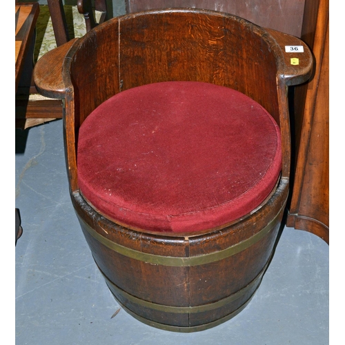 36 - An unusual vintage coopered wooden barrel converted into a tub chair