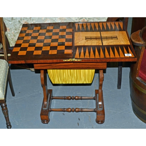 37 - An antique 19th Century Rosewood sewing/ games table with fold out top c.1840