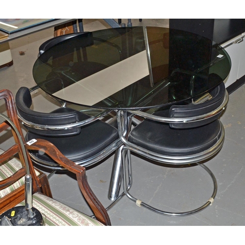 58 - A retro table and 4 chairs - Chrome and black chairs with a table set on a chrome base with black gl... 