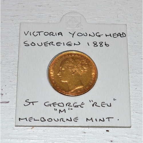 556 - A Victorian St George full gold sovereign coin - 1886 Melbourne mint