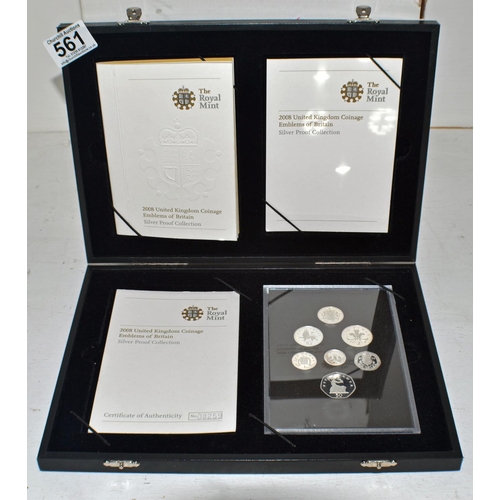 561 - Royal Mint 2008 emblems of Britain silver proof coin set in box with papers