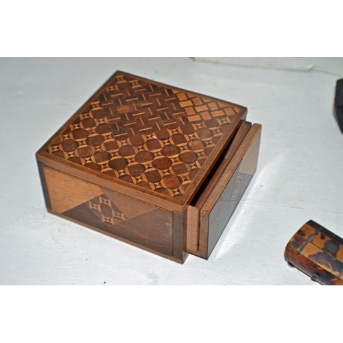 562 - 4 vintage wooden boxes to inc a Japanese puzzle box and a Tortoiseshell box