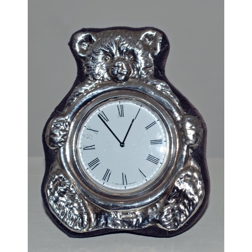 635 - A silver mounted desk clock formed as a teddy bear