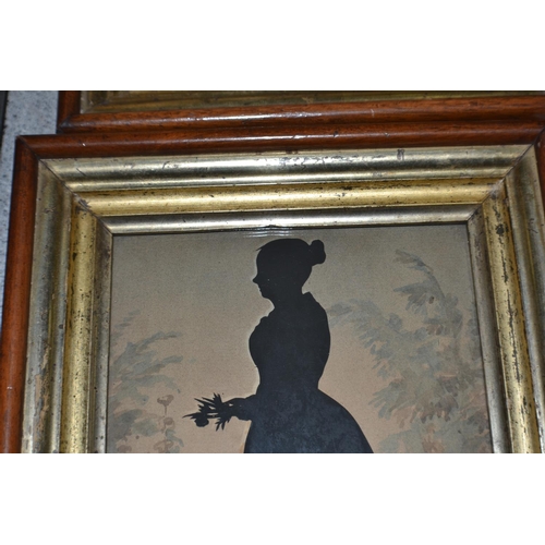 206 - A pair of unusual Victorian silhouette full body portraits of a man and a woman in gilt frames signe... 