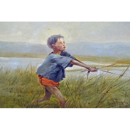 208 - A large Chinese/ South East Asian oil on canvas of a child and Water Buffalo signed Sain Ang?