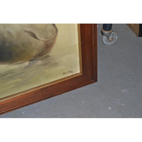 208 - A large Chinese/ South East Asian oil on canvas of a child and Water Buffalo signed Sain Ang?