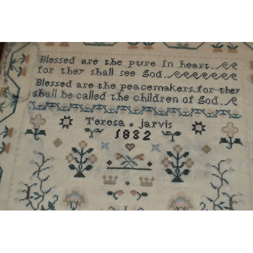 294 - A 19th century needlework sampler in a frame signed Teresa Jarvis 1882