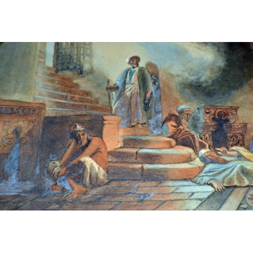 296 - A good quality antique watercolour of a Middle Eastern basement with figures - mounted but unframed ... 