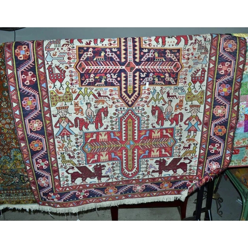 2 - An unusual colourful Kilim style rug decorated with figures etc