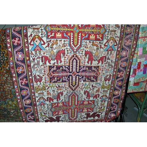 2 - An unusual colourful Kilim style rug decorated with figures etc