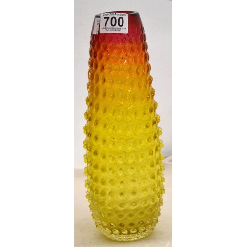 700 - A Yellow and Red retro hobnail type glass vase in the manner of Whitefriars