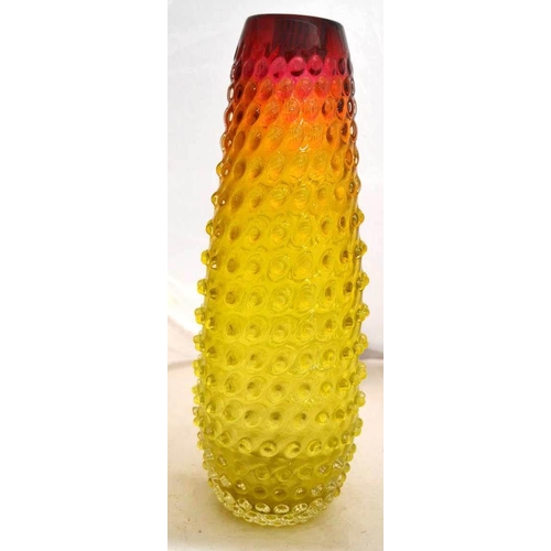 700 - A Yellow and Red retro hobnail type glass vase in the manner of Whitefriars