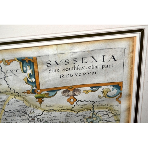 321 - A late 16th/ early 17th century map of Sussex with hand coloured details by Norden and Kipp - Saxton