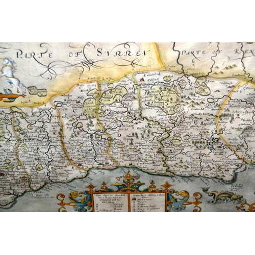 321 - A late 16th/ early 17th century map of Sussex with hand coloured details by Norden and Kipp - Saxton