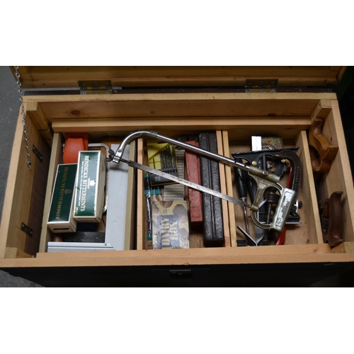 439 - A wooden tool box and contents