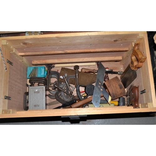 439 - A wooden tool box and contents