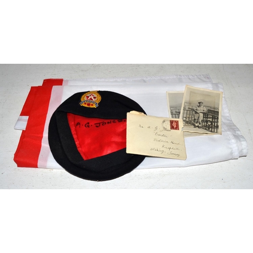 593 - A flag, British Legion beret & WW2 period letter and 2 photographs