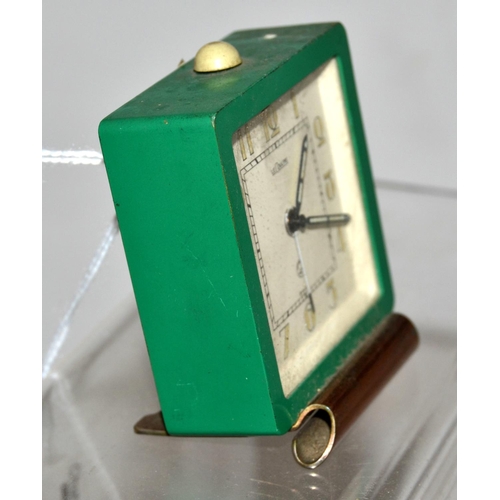 728 - An Art Deco period green cased Le Coultre alarm clock