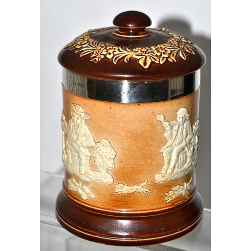 736 - A vintage silver mounted Royal Doulton stoneware tobacco jar - Chester date letter obscured