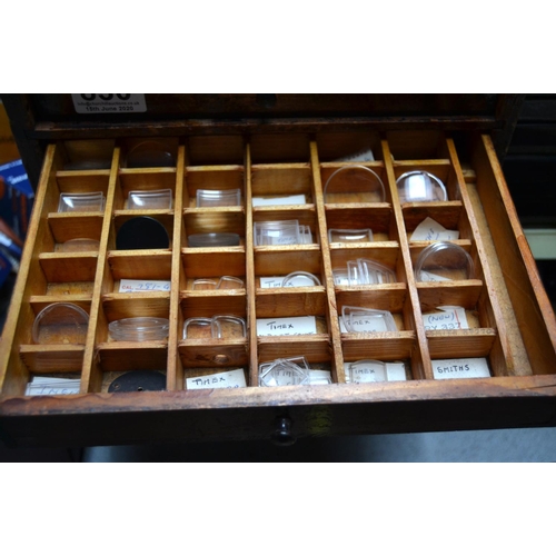 830 - A 6 drawer table top cabinet containing tools and watch glasses