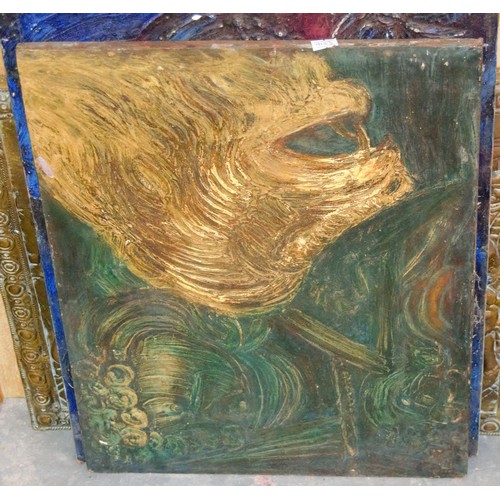 309 - 3 unusual abstract oil on board paintings and a brass wall plaque