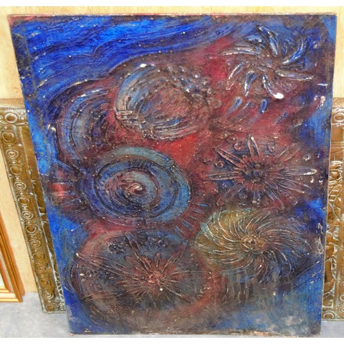 309 - 3 unusual abstract oil on board paintings and a brass wall plaque