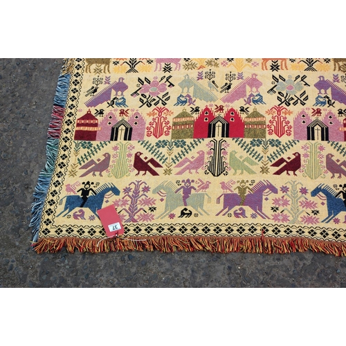 37 - An unusual reversible flatweave rug decorated with animals and people etc